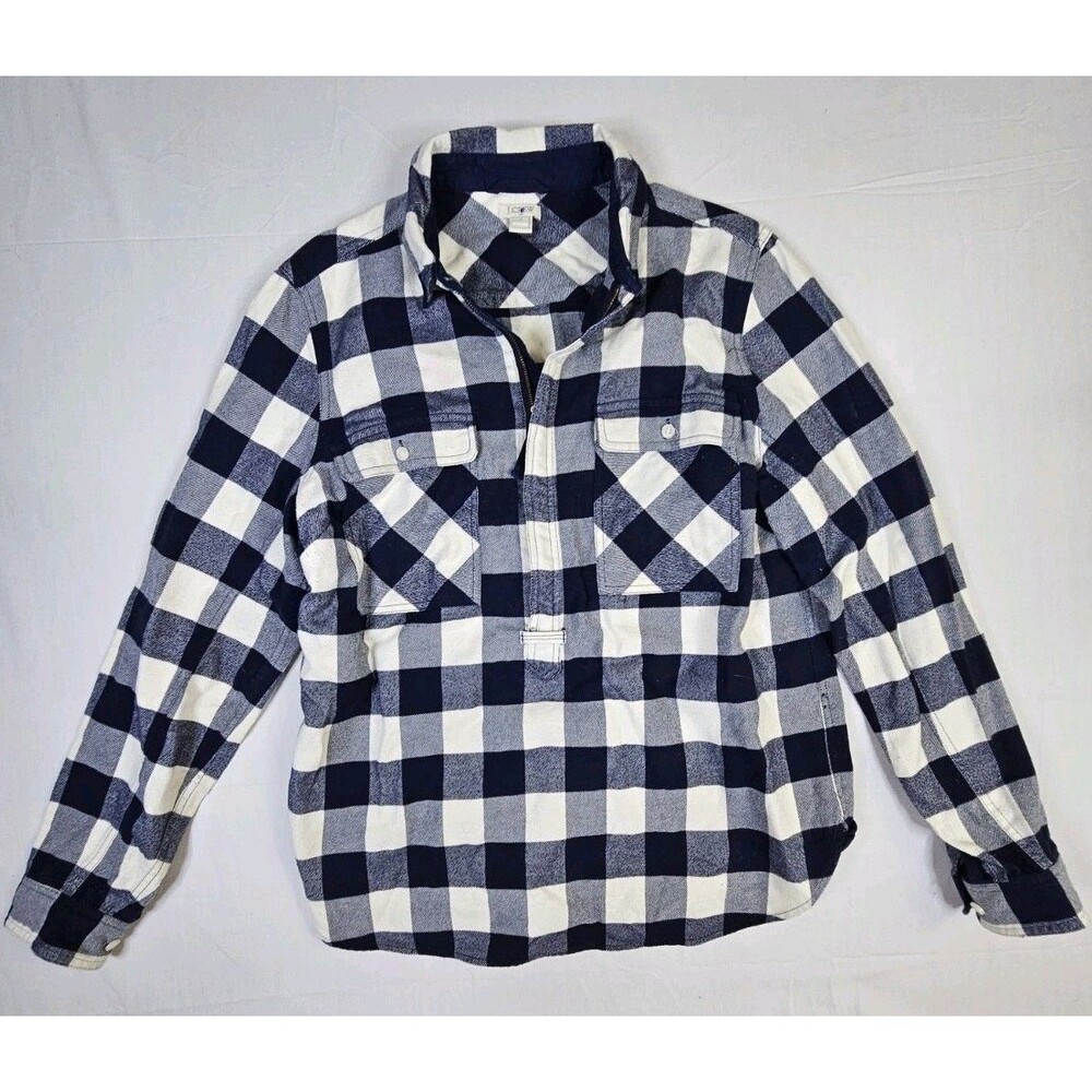 J Crew Shirt Women's Medium Blue Flannel Buffalo Check Plaid 1/2 Zip Popover - Picture 2 of 14